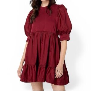 En Saison Gabriela Mini Dress Burgundy Size XS Puff Short Sleeve Tiered Cotton
